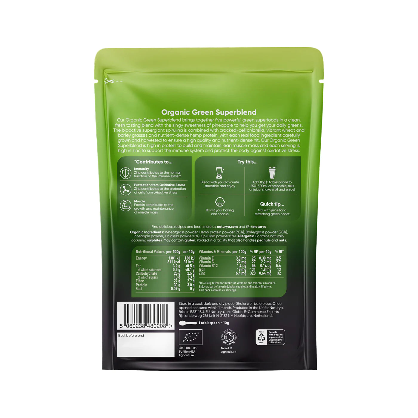 Bio Zelený SuperShake: Konopí, Trávy, Chlorella & Spirulina - 100g