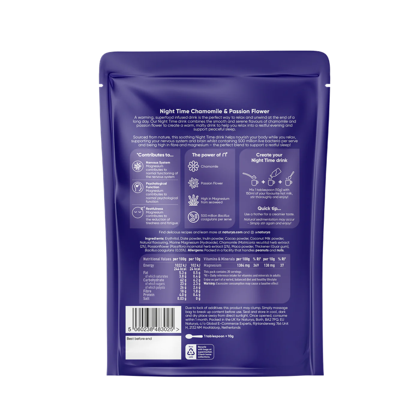 Uklidňující Noční Nápoj s Heřmánkem a Kakaem - Podpora Spánku, Bohatý na Hořčík - 200g